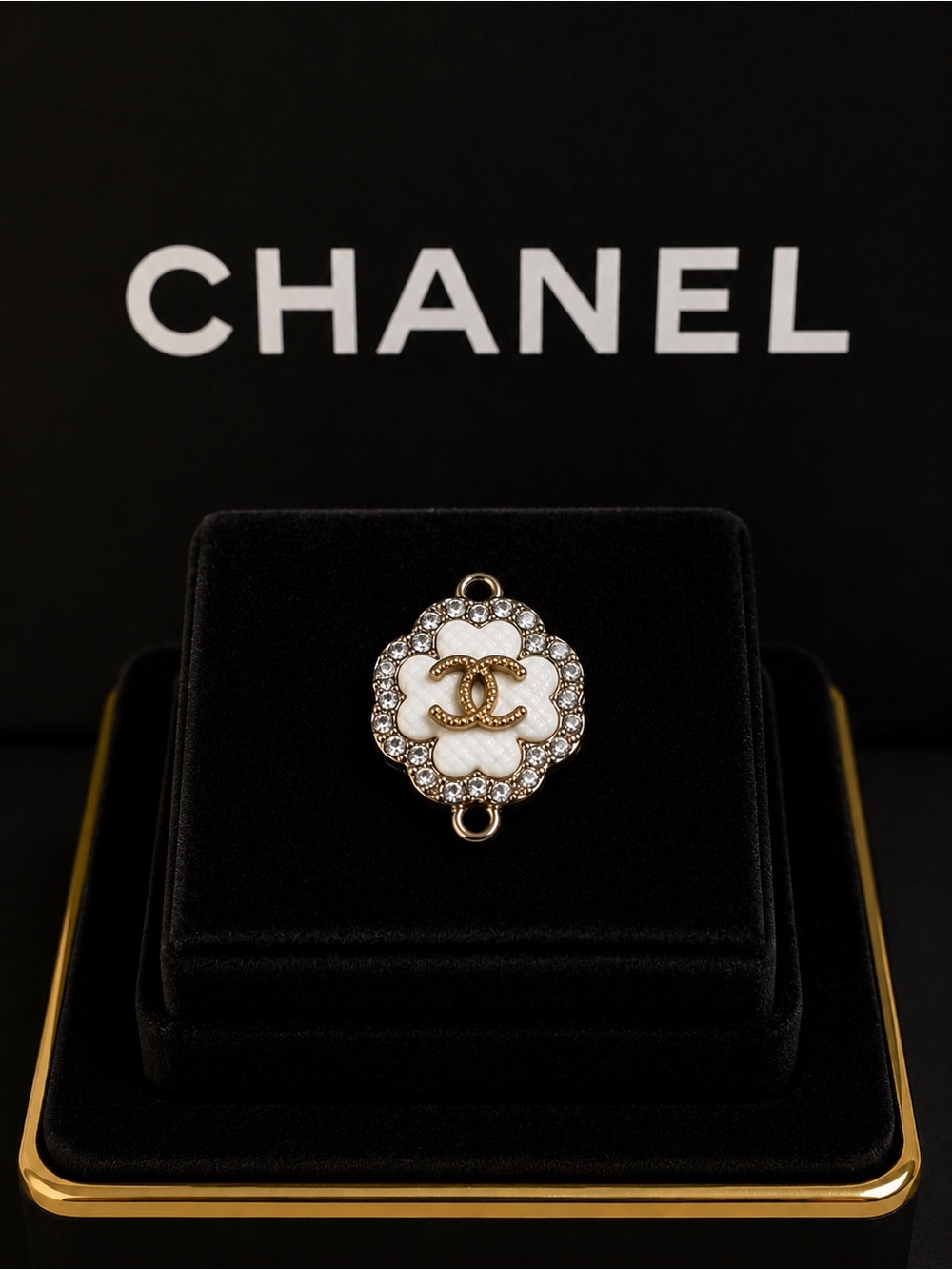 CHANEL stamped Gold & White Crystal CC Flower Connector Charm